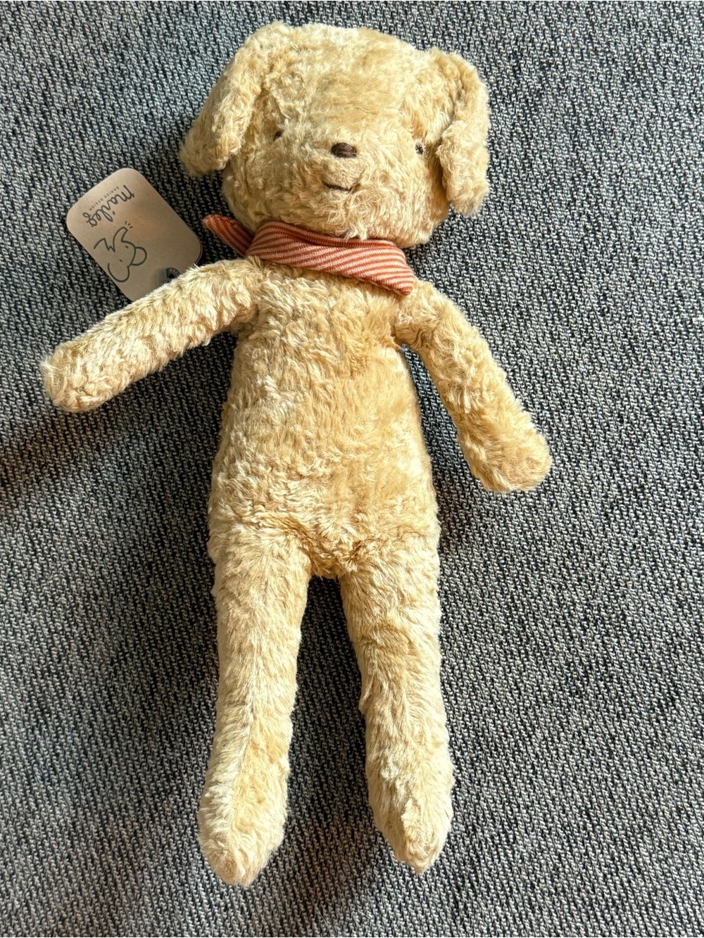 Maileg Plush Vintage Look Tan Puppy Dog Red Stripe Bandana Stuffed Animal 11 New